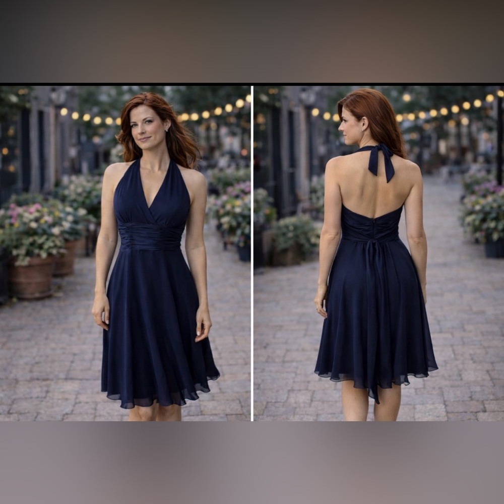 Maggy London Dress 12 Navy Blue Silk A Line Marilyn Monroe Flowy